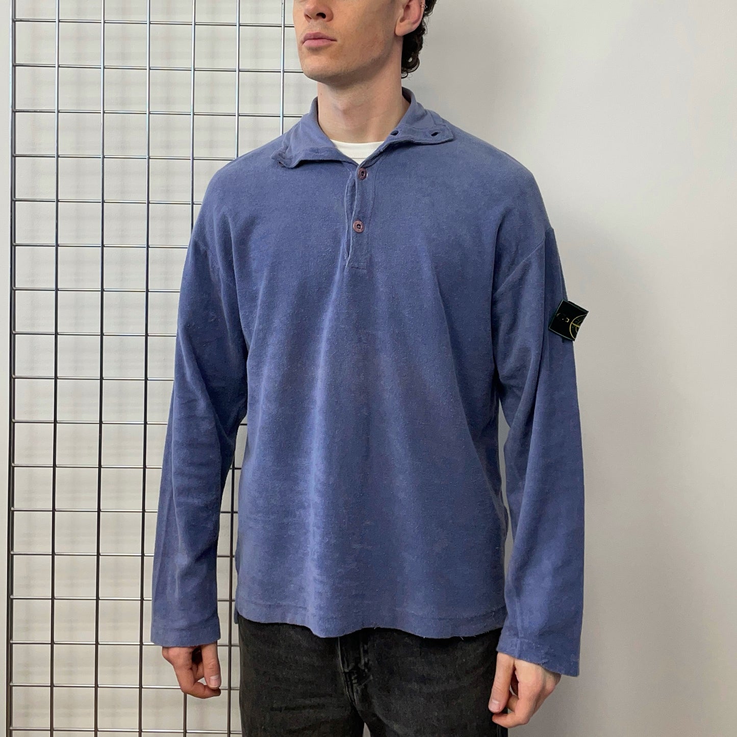 Stone Island Blue 90s Fleece Button-Up Green Edge Badge Jumper