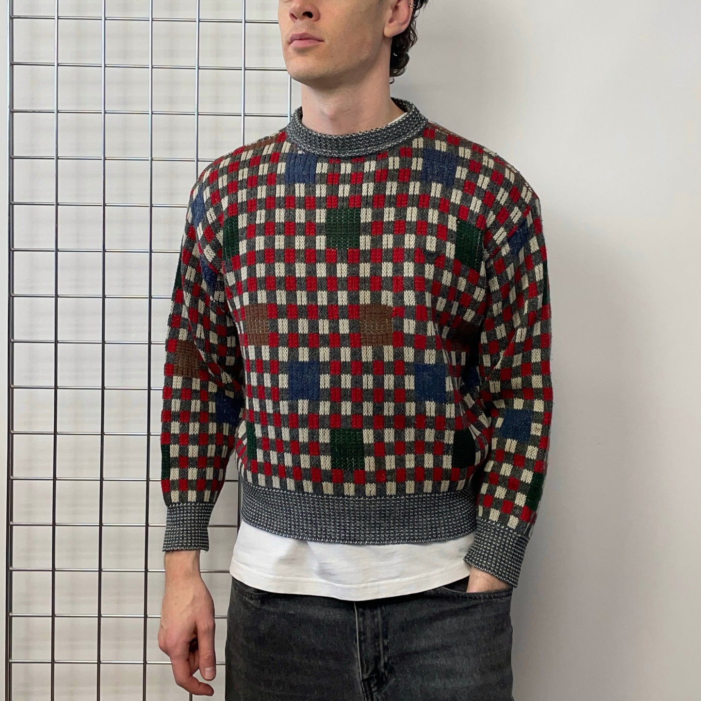 Armani Red 80s Check & Patchwork Knit Jumper