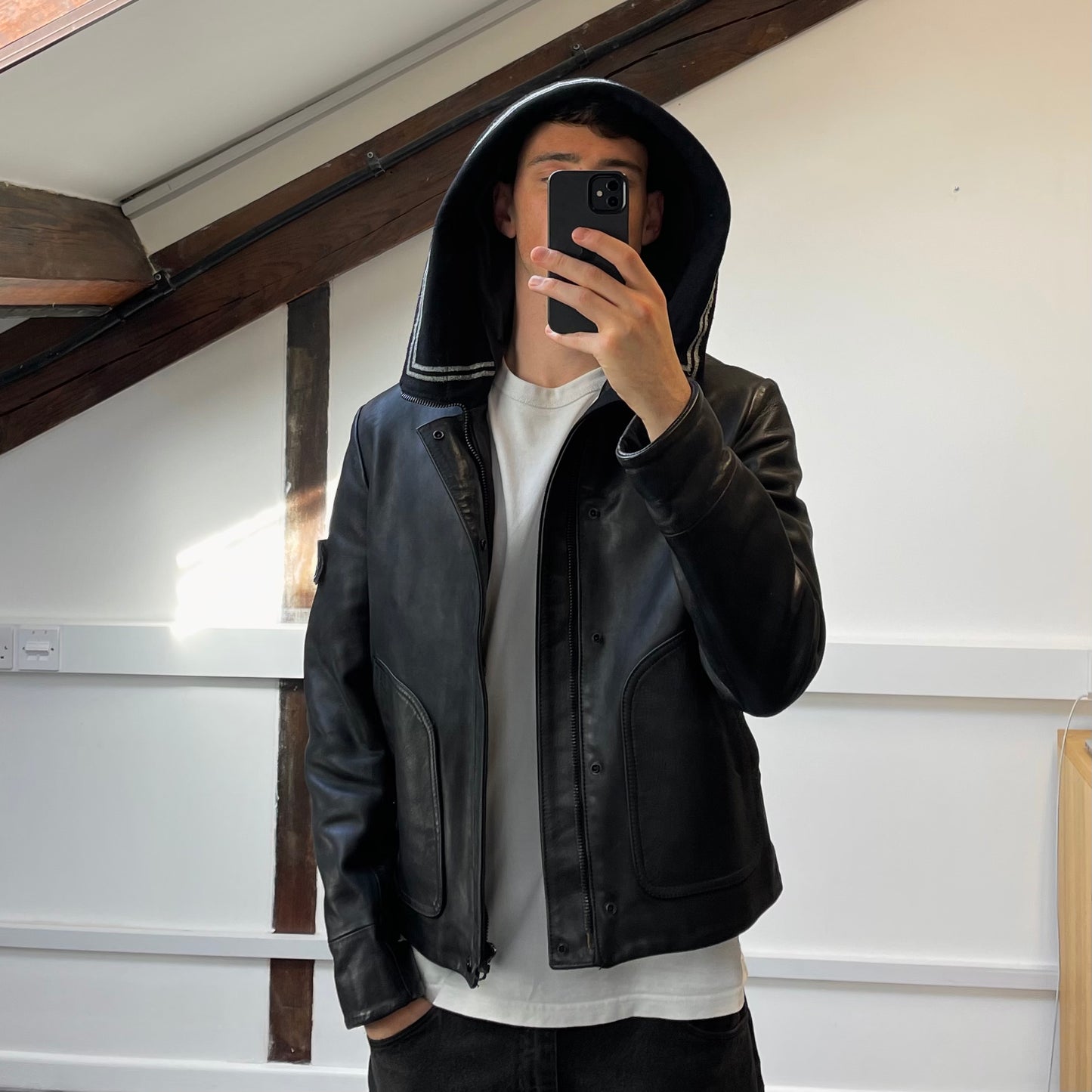 Stone Island AW07 Hooded Black Leather Jacket