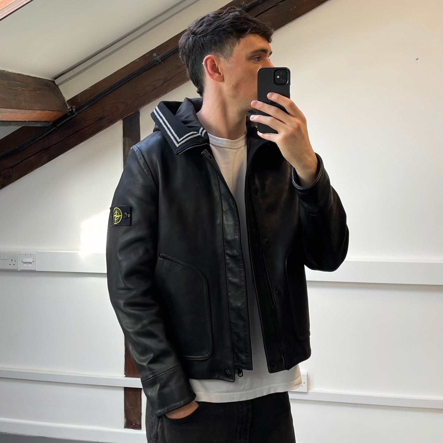 Stone Island AW07 Hooded Black Leather Jacket