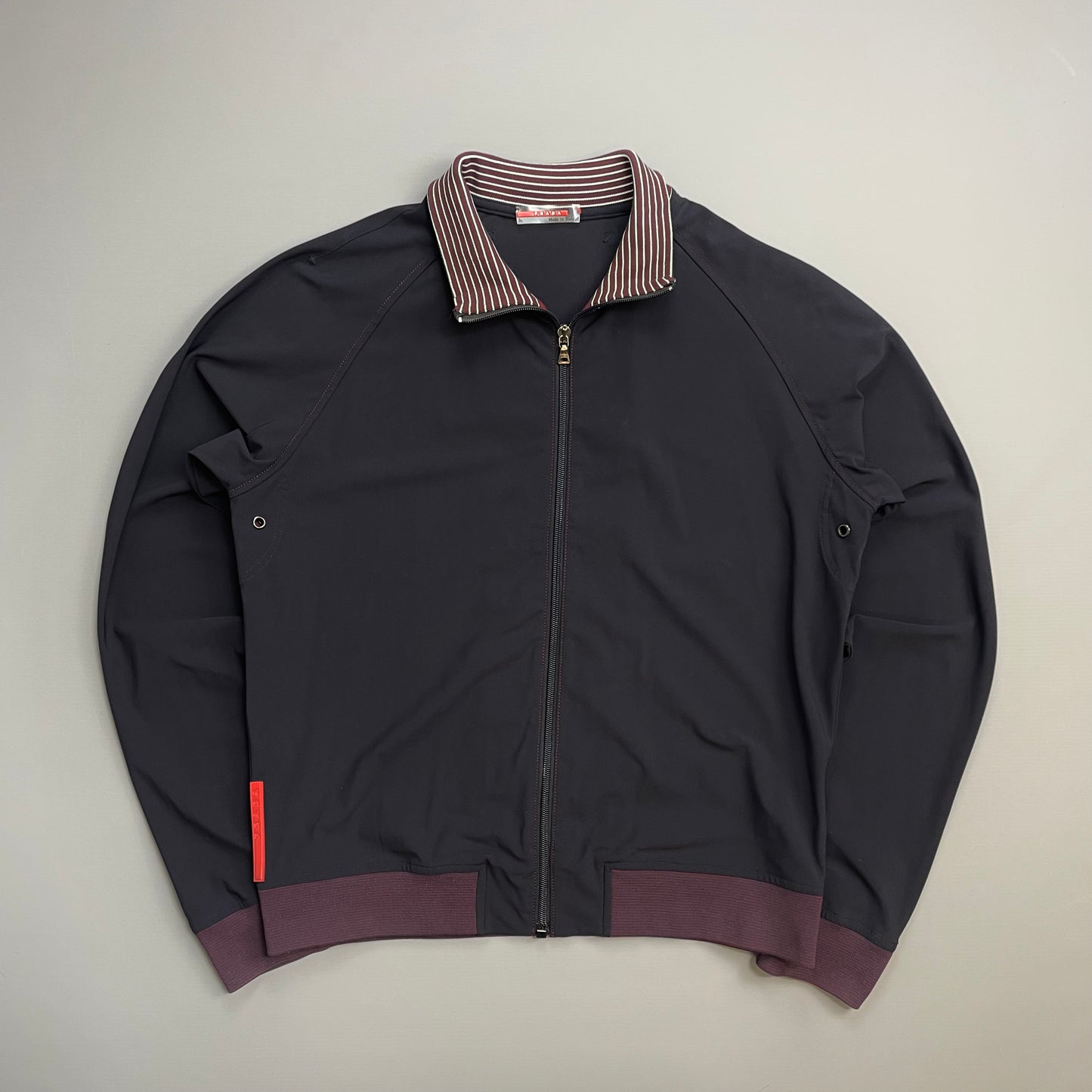 Prada Sport Navy 00s Nylon Burgundy Stripe-Detailed Track Jacket