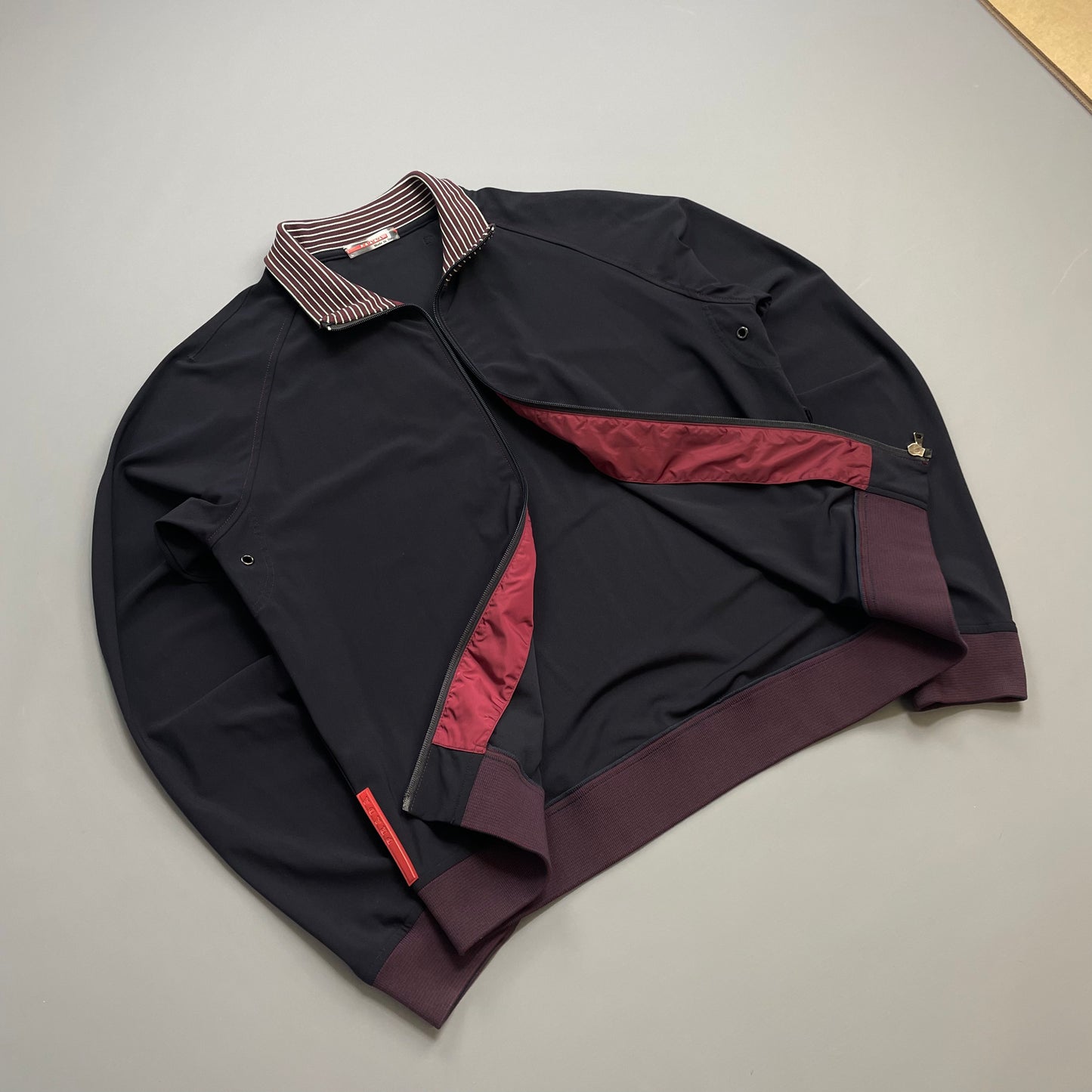 Prada Sport Navy 00s Nylon Burgundy Stripe-Detailed Track Jacket