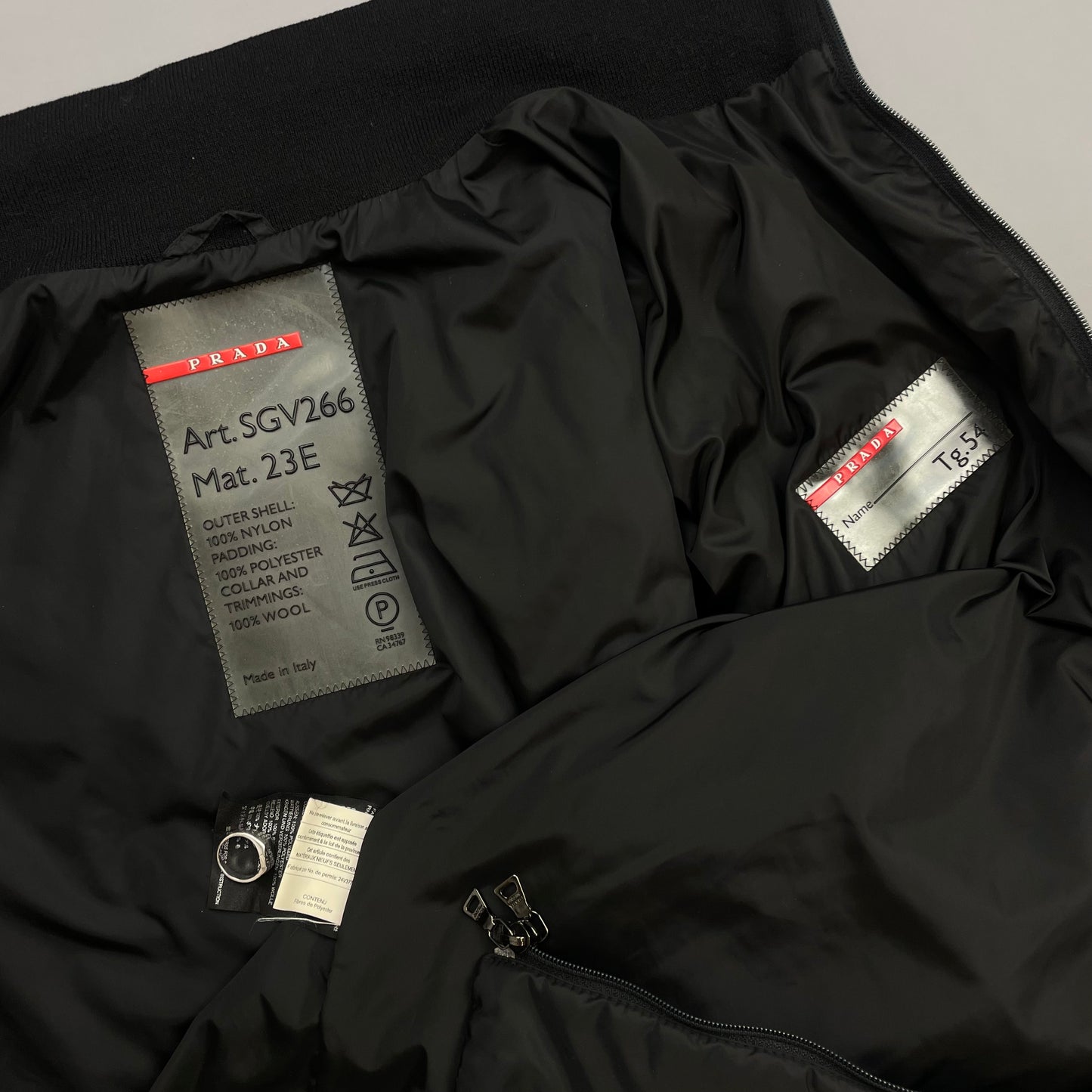 Prada Sport Black 00s Wool-Trimmed Nylon Padded Harrington Bomber Liner Jacket