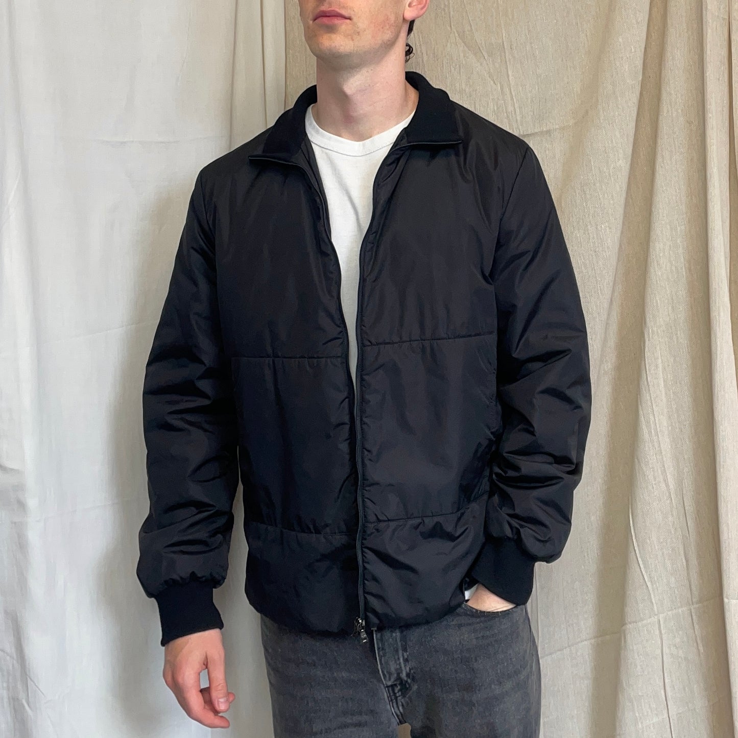 Prada Sport Black 00s Wool-Trimmed Nylon Padded Harrington Bomber Liner Jacket