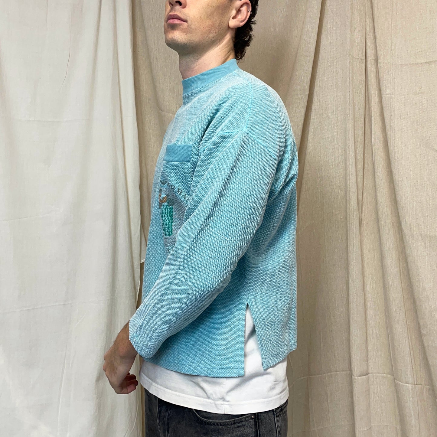 Emporio Armani Teal Blue 80s Graphic Print Lightweight Pocket Jumper