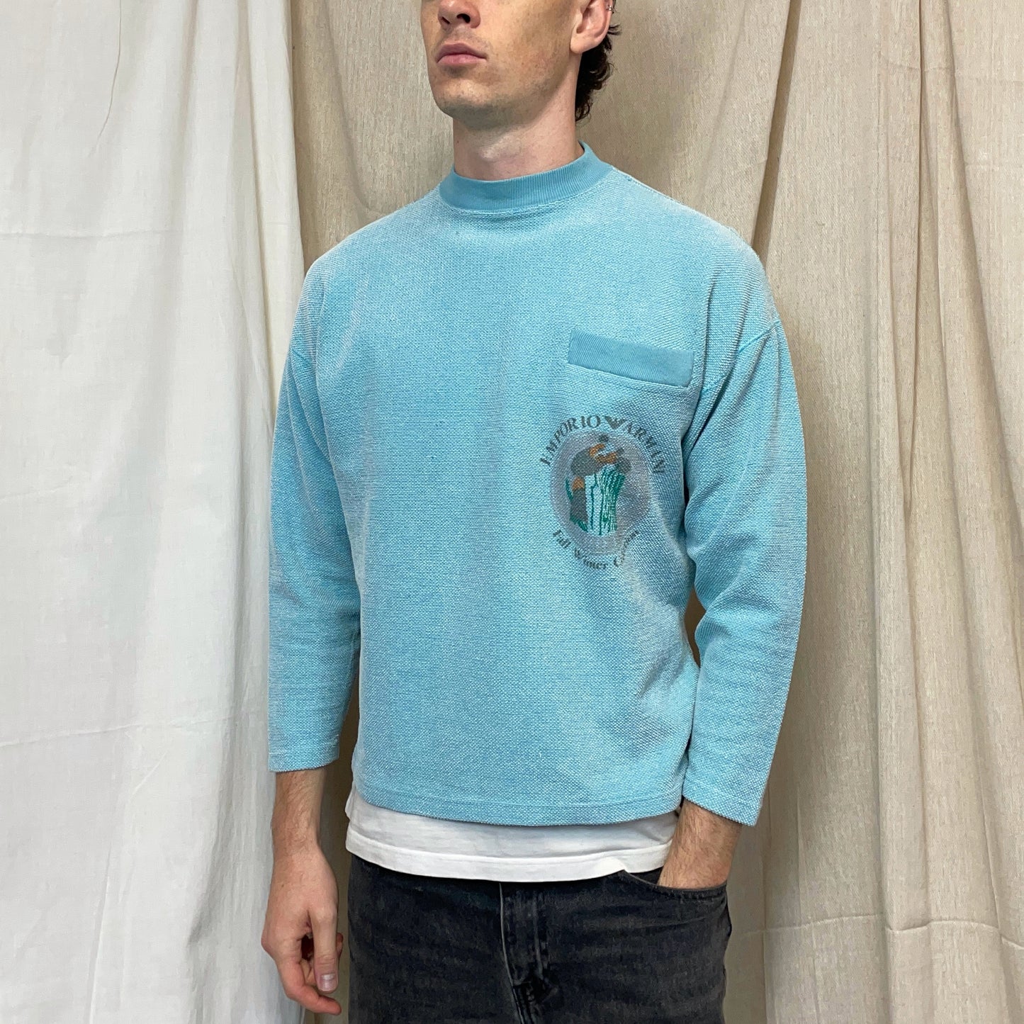 Emporio Armani Teal Blue 80s Graphic Print Lightweight Pocket Jumper