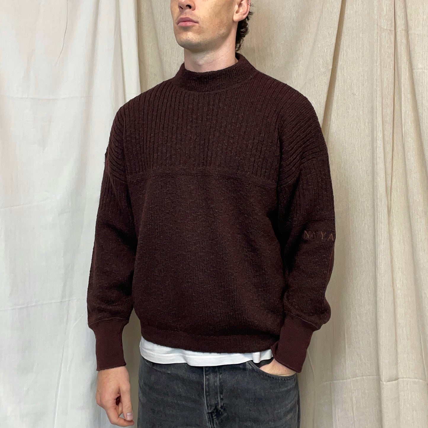 Boneville Brown Navy Arctic 80s Wool & Cotton Thick Knit Jumper