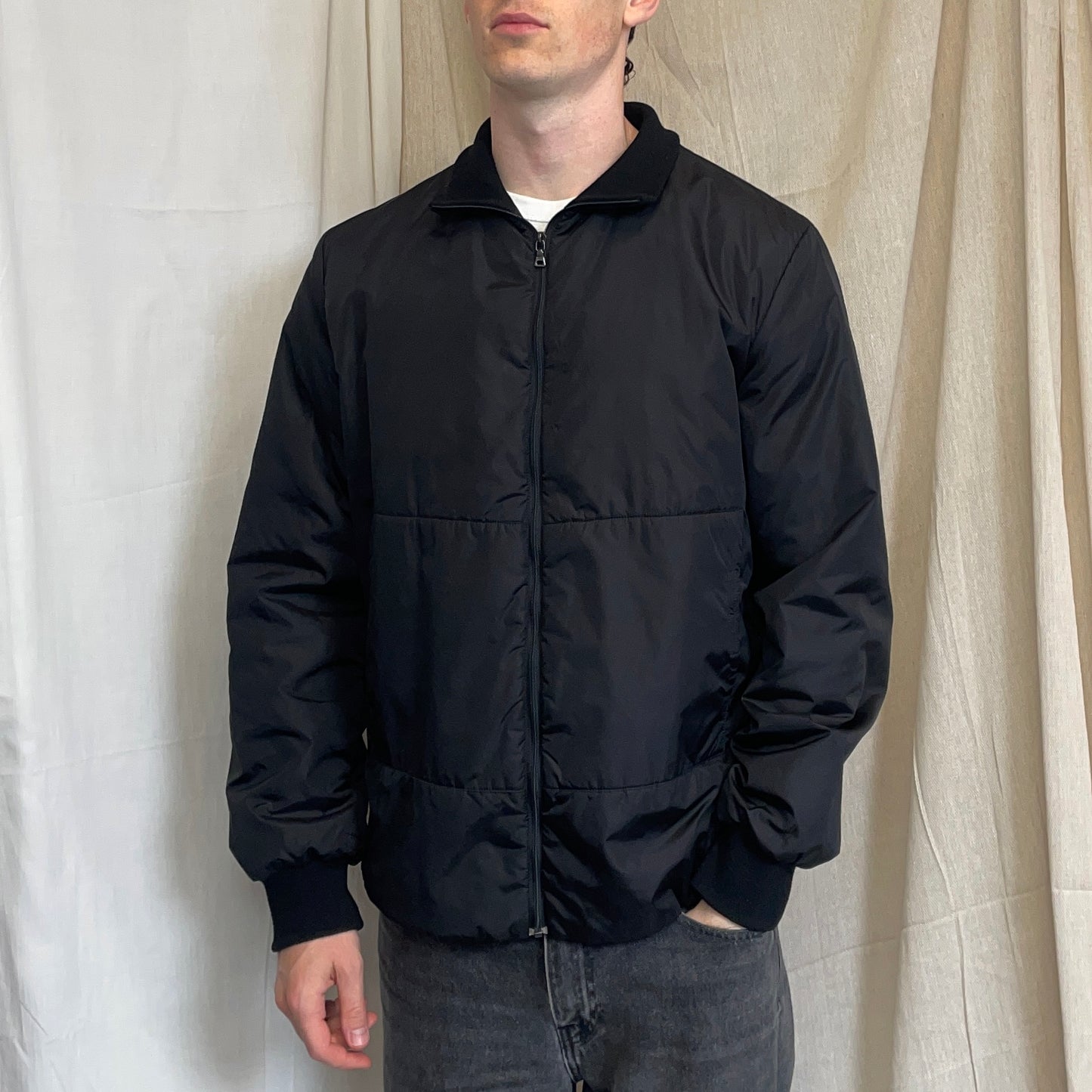 Prada Sport Black 00s Wool-Trimmed Nylon Padded Harrington Bomber Liner Jacket