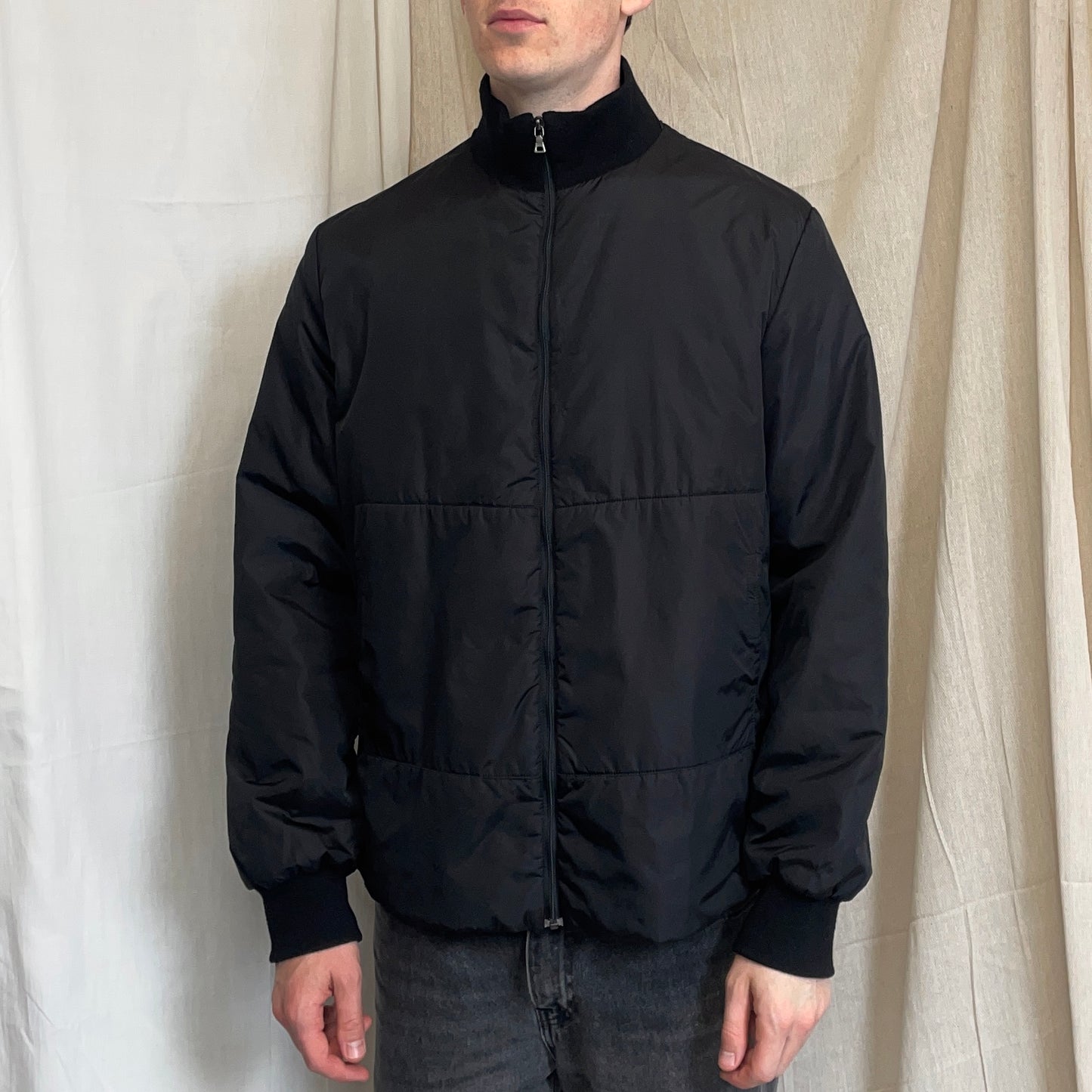 Prada Sport Black 00s Wool-Trimmed Nylon Padded Harrington Bomber Liner Jacket