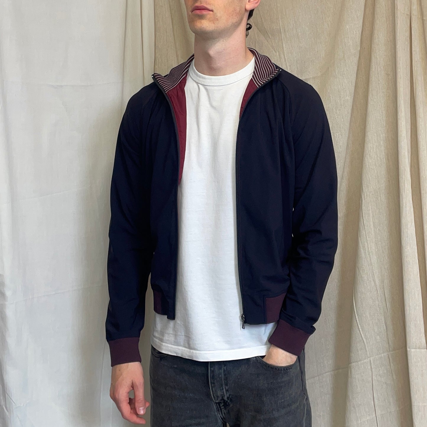 Prada Sport Navy 00s Nylon Burgundy Stripe-Detailed Track Jacket