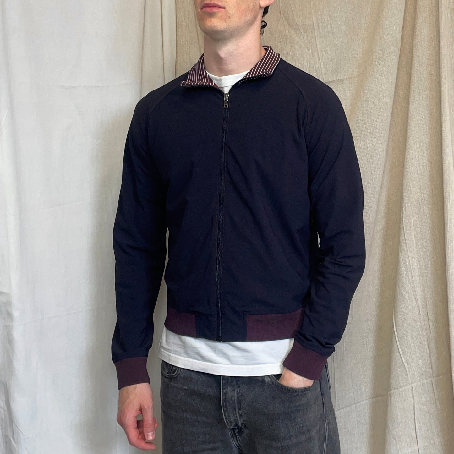 Prada Sport Navy 00s Nylon Burgundy Stripe-Detailed Track Jacket