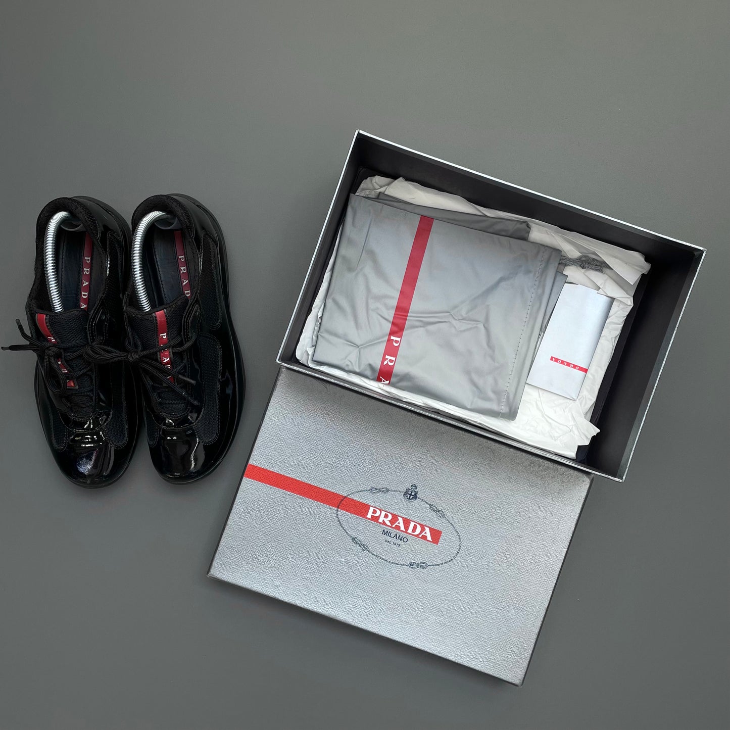 Prada Sport Black Patent Leather Americas Cup Trainers