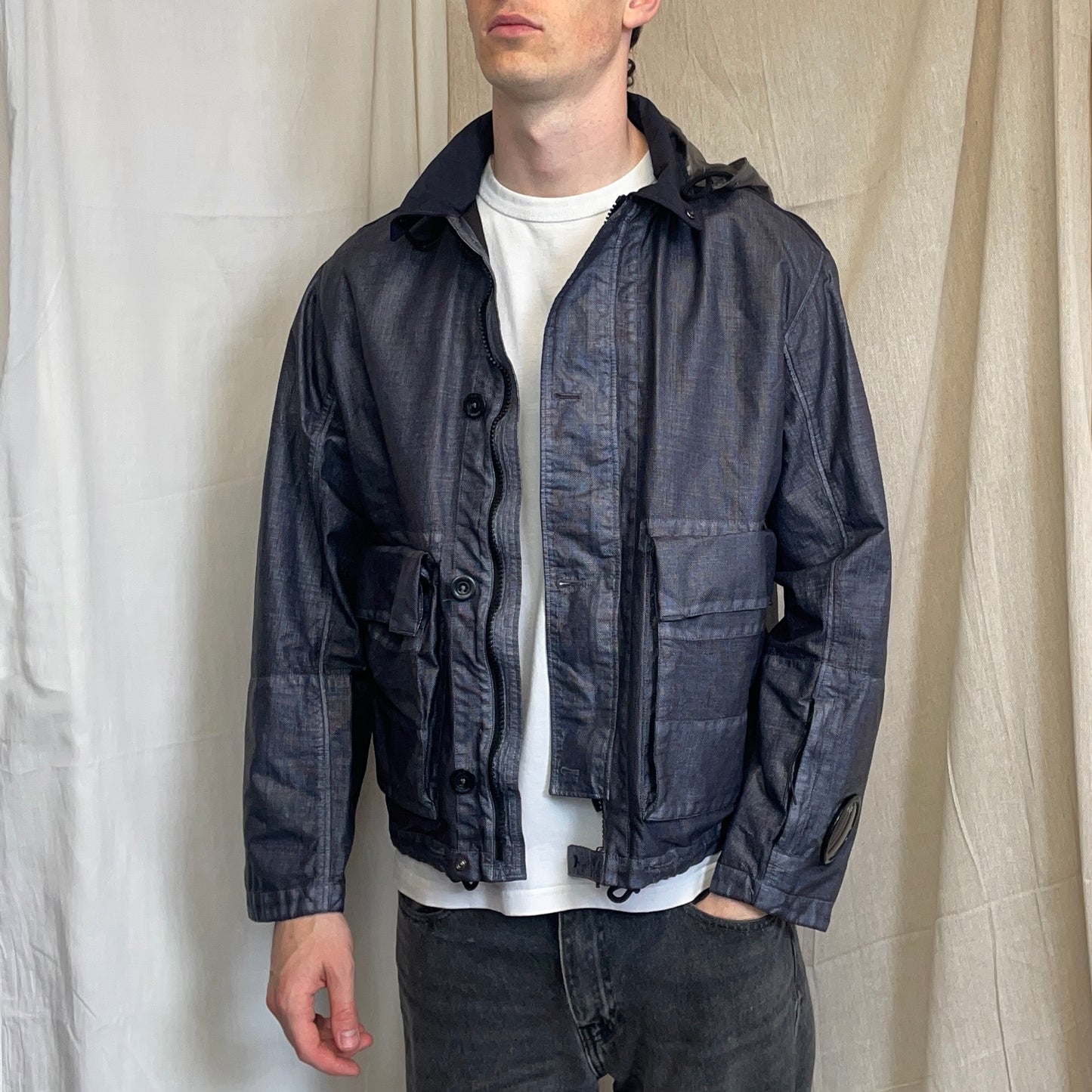 C.P. Company SS25 Oceana Blue Grey Rafia Mille Nylon Goggle Watchviewer Jacket