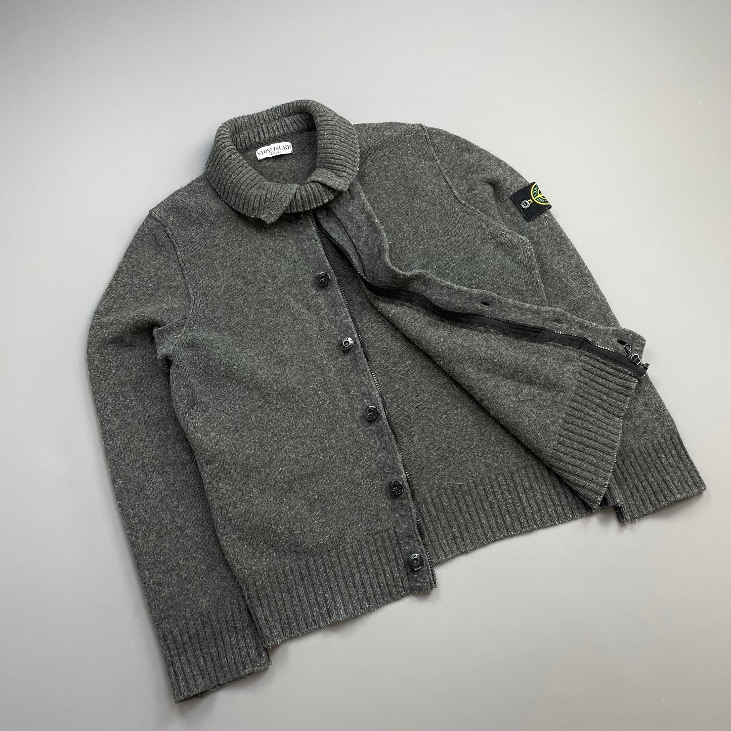 Stone Island Grey AW09 Wool Knit Zip & Button Cardigan Jacket