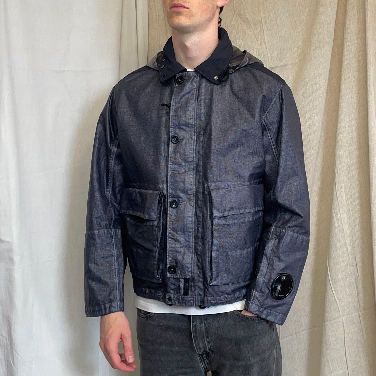 C.P. Company SS25 Oceana Blue Grey Rafia Mille Nylon Goggle Watchviewer Jacket