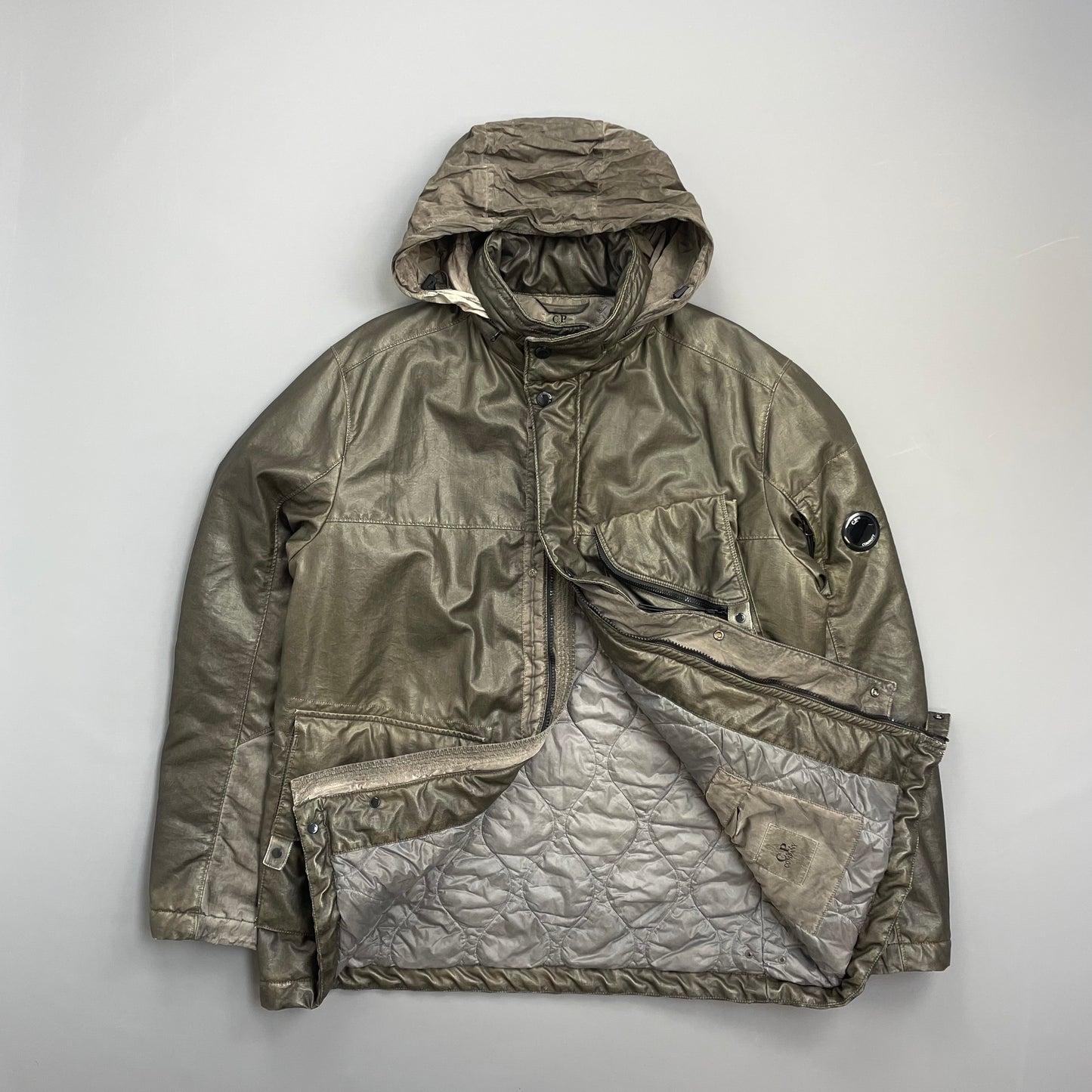 C.P. Company Dusty Olive AW21 Nylon Nyber Concealed Hood Quilted Field Jacket