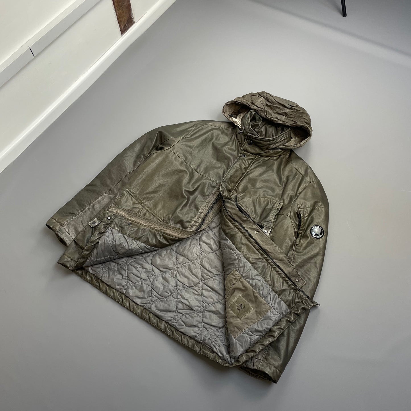 C.P. Company Dusty Olive AW21 Nylon Nyber Concealed Hood Quilted Field Jacket