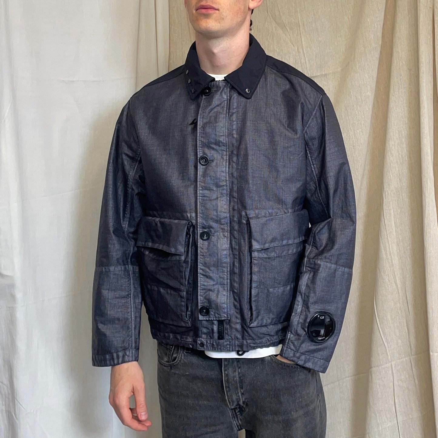 C.P. Company SS25 Oceana Blue Grey Rafia Mille Nylon Goggle Watchviewer Jacket