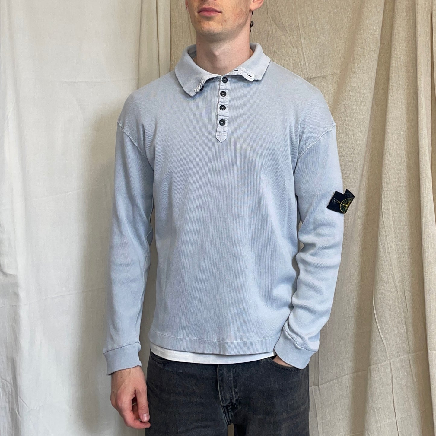 Stone Island Light Blue SS03 Button-Up Collar Fine-Rib Lightweight Jumper