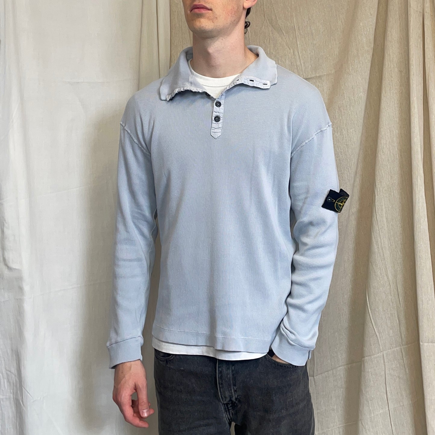 Stone Island Light Blue SS03 Button-Up Collar Fine-Rib Lightweight Jumper