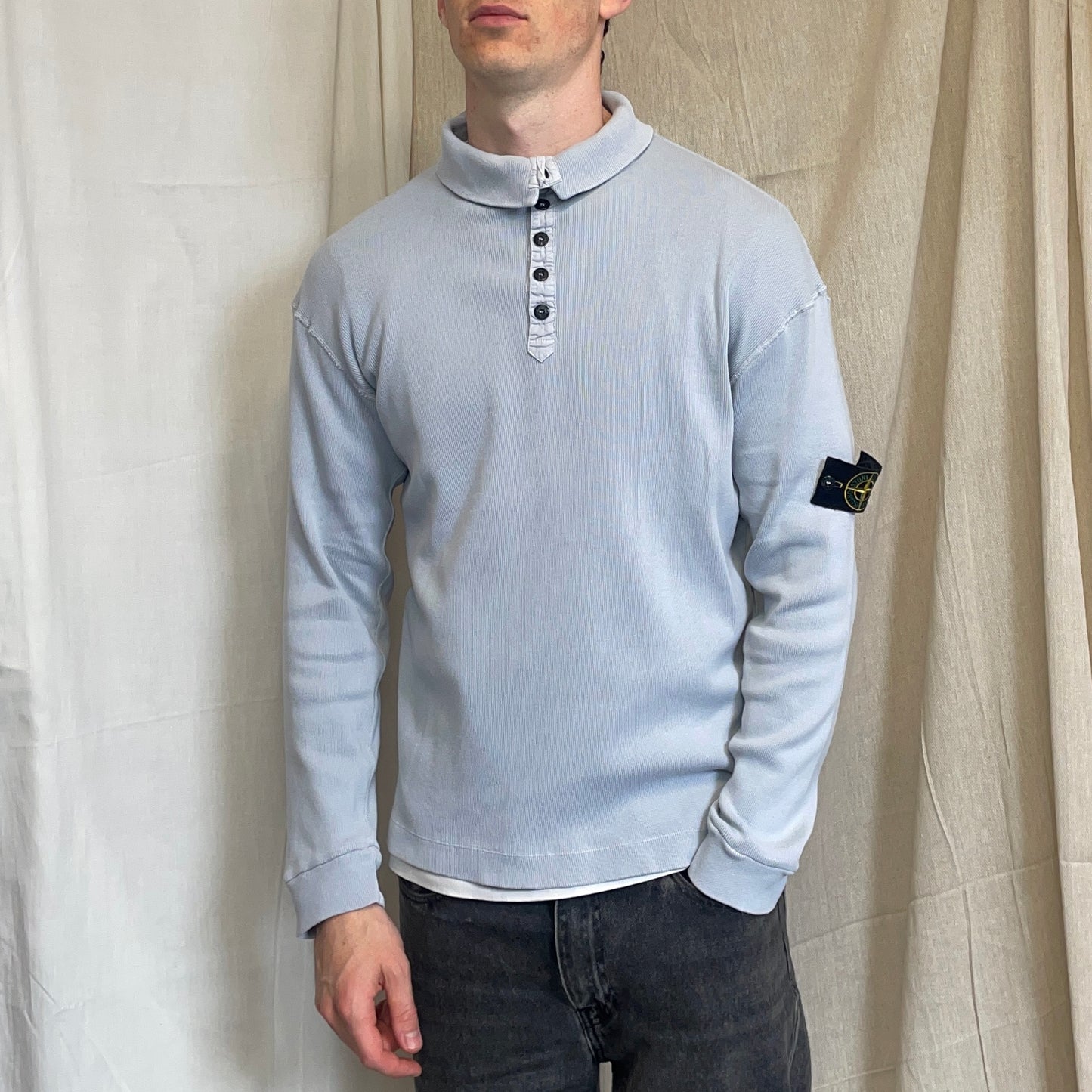 Stone Island Light Blue SS03 Button-Up Collar Fine-Rib Lightweight Jumper