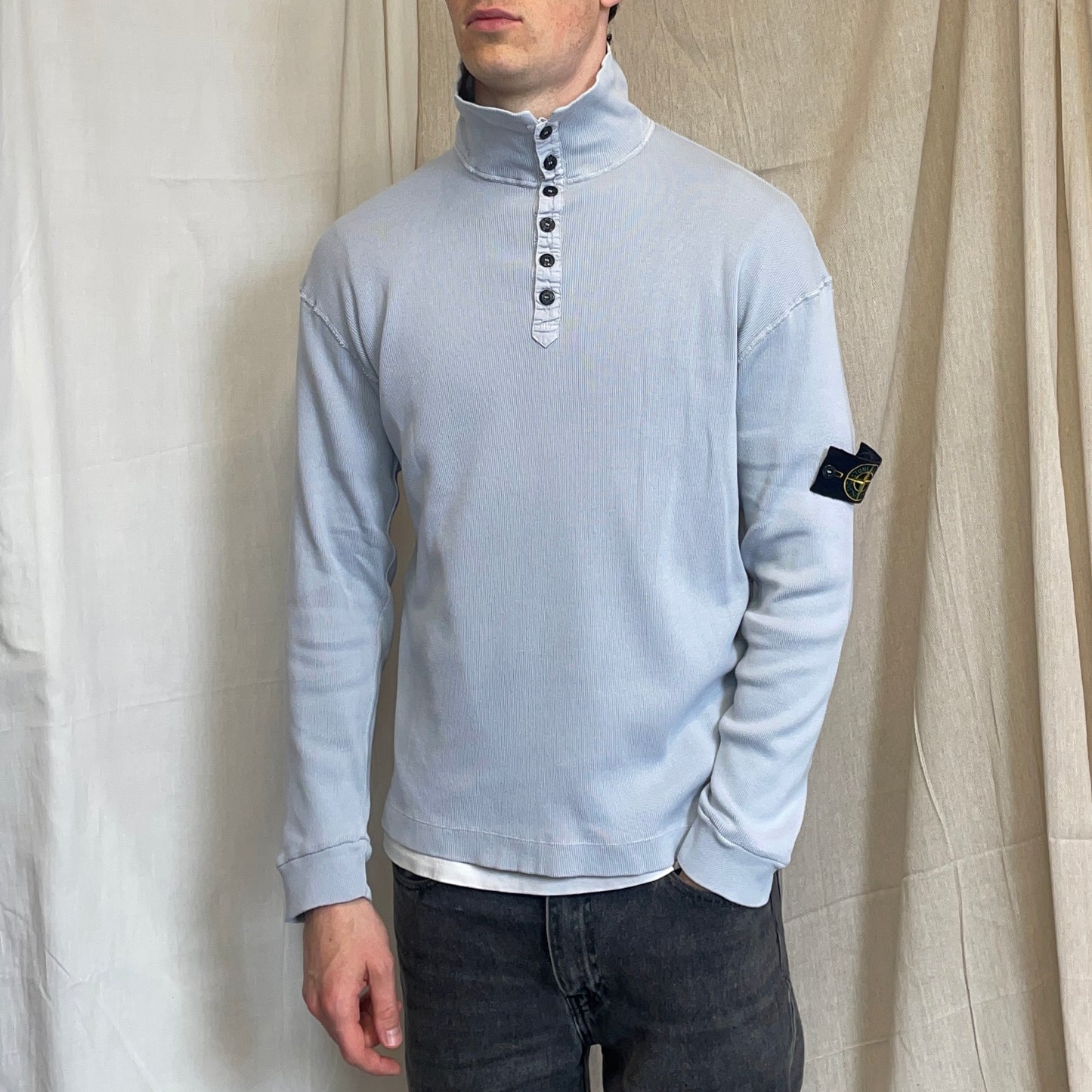 Stone Island Light Blue SS03 Button-Up Collar Fine-Rib Lightweight Jumper