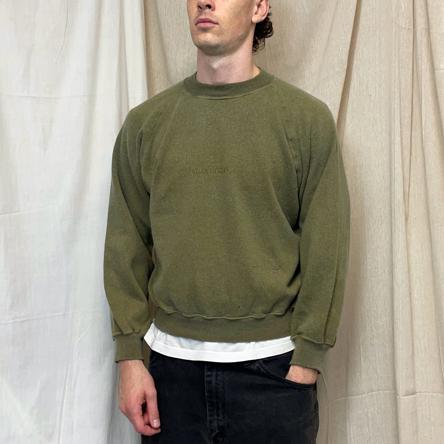 Stone Island Green 80s Embroidered Spellout Wool Knit Jumper