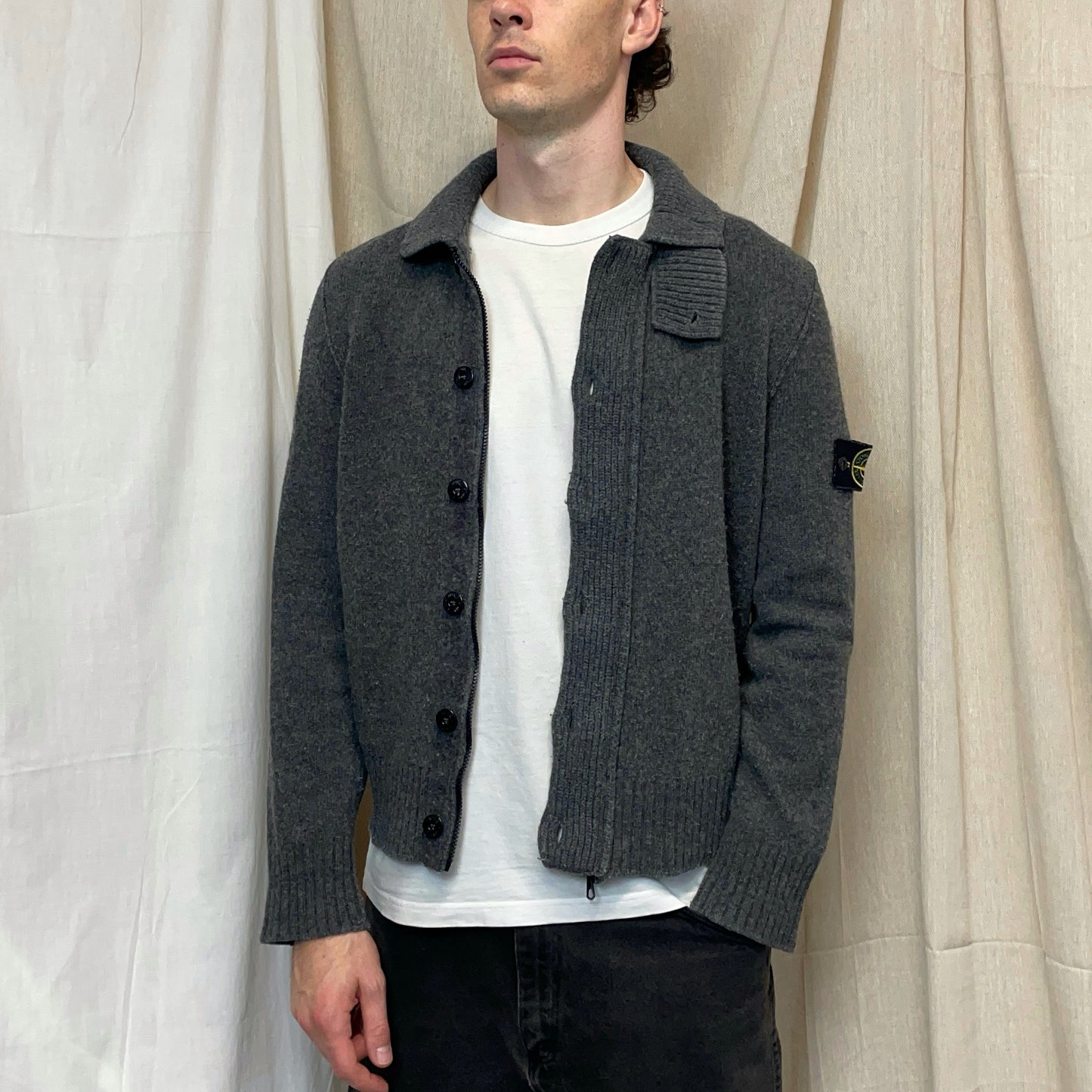 Stone Island Grey AW09 Wool Knit Zip & Button Cardigan Jacket