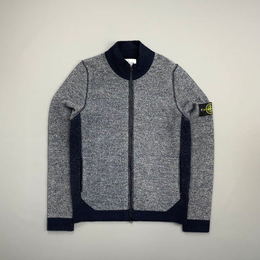 Stone Island Blue AW17 Tri-Tone Zip-Through Wool Knit Cardigan Jumper