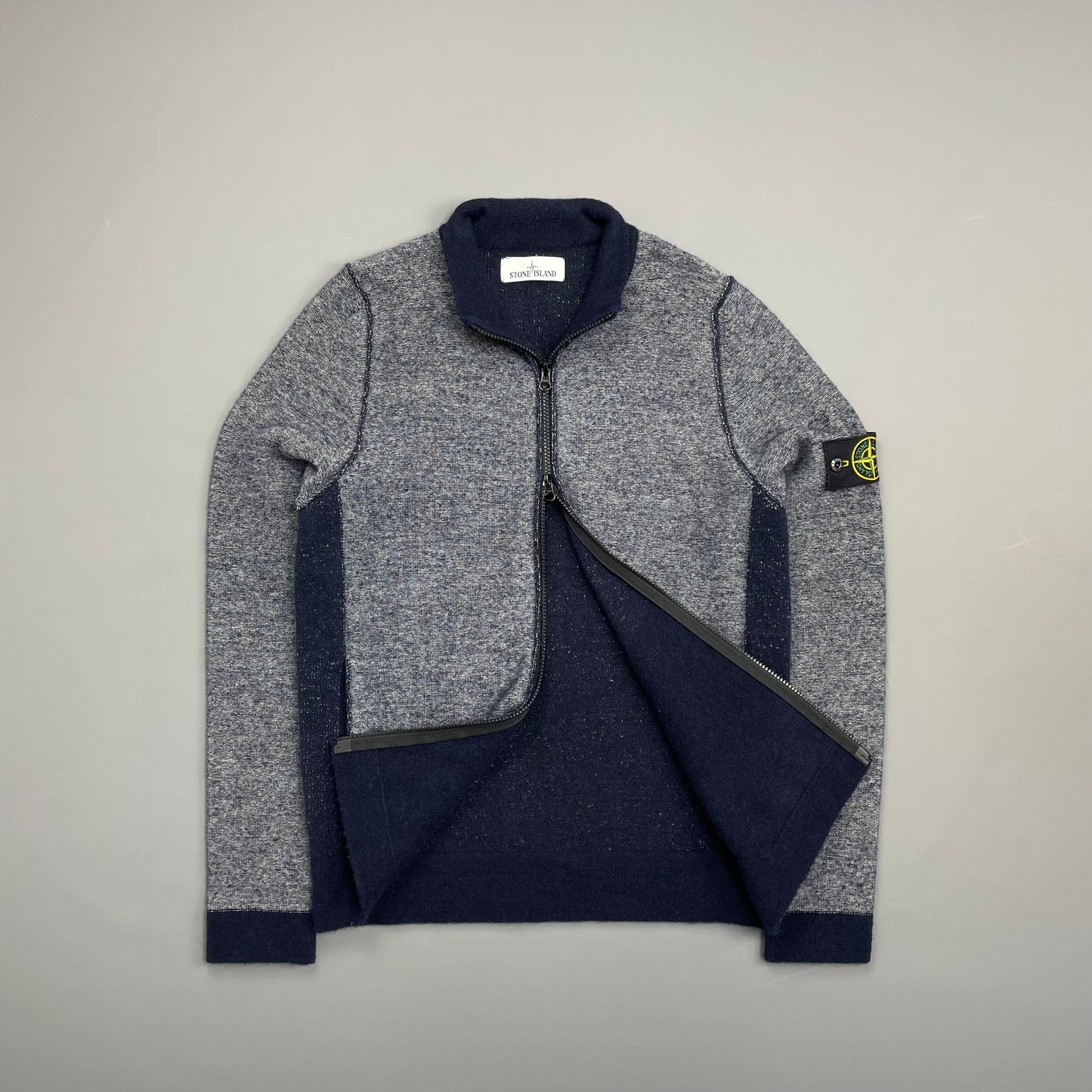Stone Island Blue AW17 Tri-Tone Zip-Through Wool Knit Cardigan Jumper