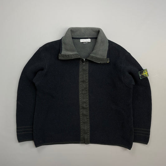 Stone Island Black/Grey AW98 Chenille Knit Zip-Through Green Edge Badge Cardigan Jacket
