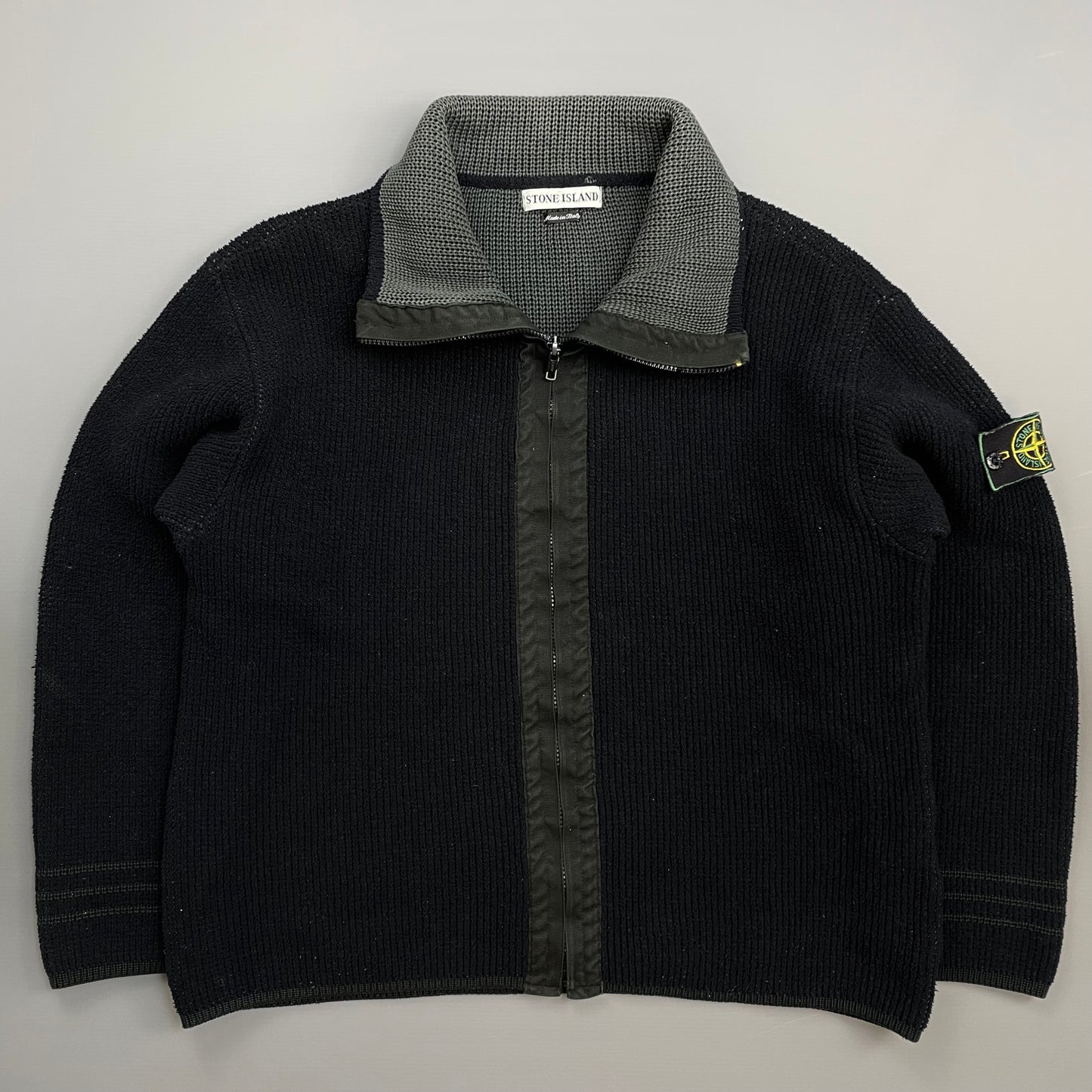 Stone Island Black/Grey AW98 Chenille Knit Zip-Through Green Edge Badge Cardigan Jacket
