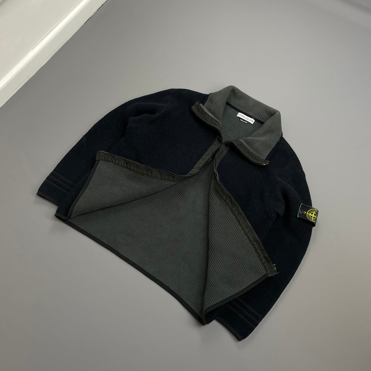 Stone Island Black/Grey AW98 Chenille Knit Zip-Through Green Edge Badge Cardigan Jacket