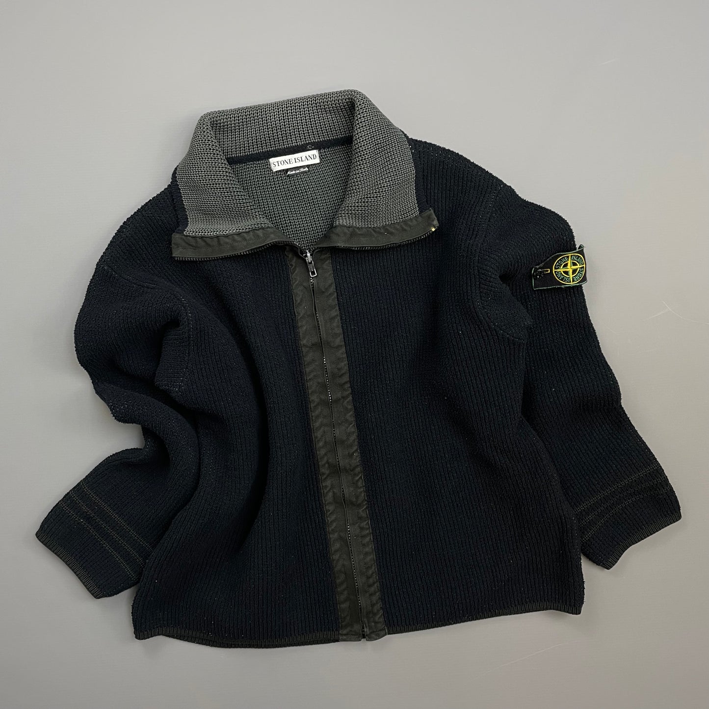 Stone Island Black/Grey AW98 Chenille Knit Zip-Through Green Edge Badge Cardigan Jacket
