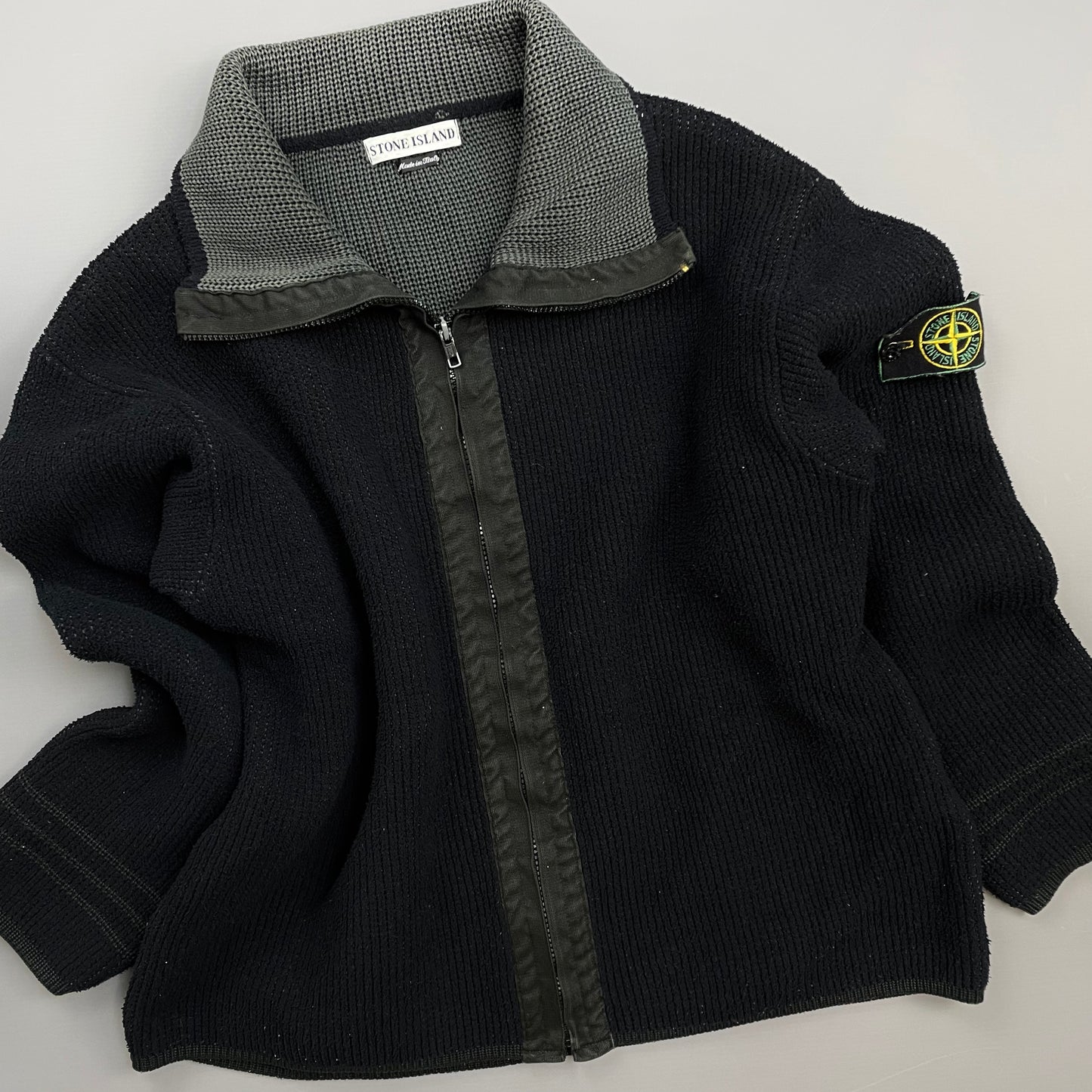 Stone Island Black/Grey AW98 Chenille Knit Zip-Through Green Edge Badge Cardigan Jacket