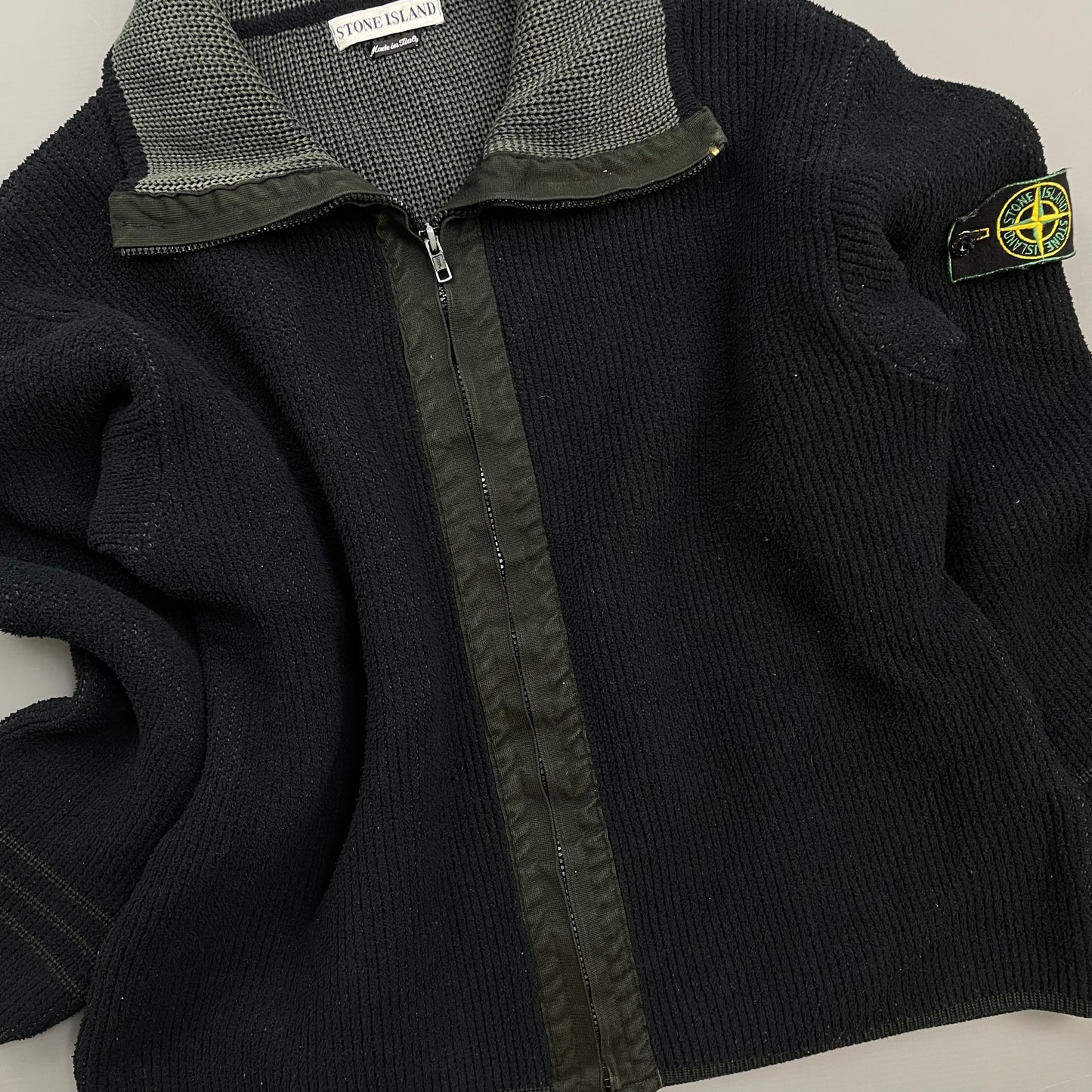 Stone Island Black/Grey AW98 Chenille Knit Zip-Through Green Edge Badge Cardigan Jacket