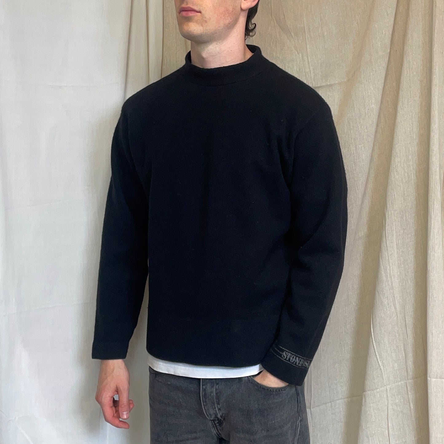 Stone Island Black AW97 Wool Blend Cuff Spellout Knit Jumper