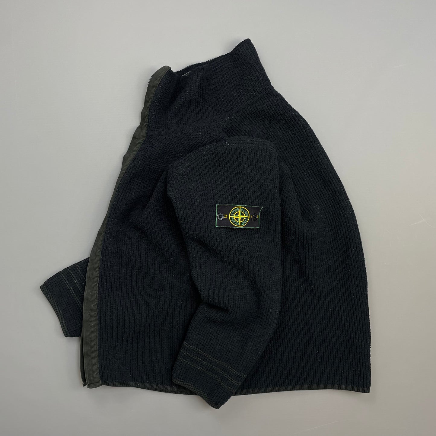 Stone Island Black/Grey AW98 Chenille Knit Zip-Through Green Edge Badge Cardigan Jacket