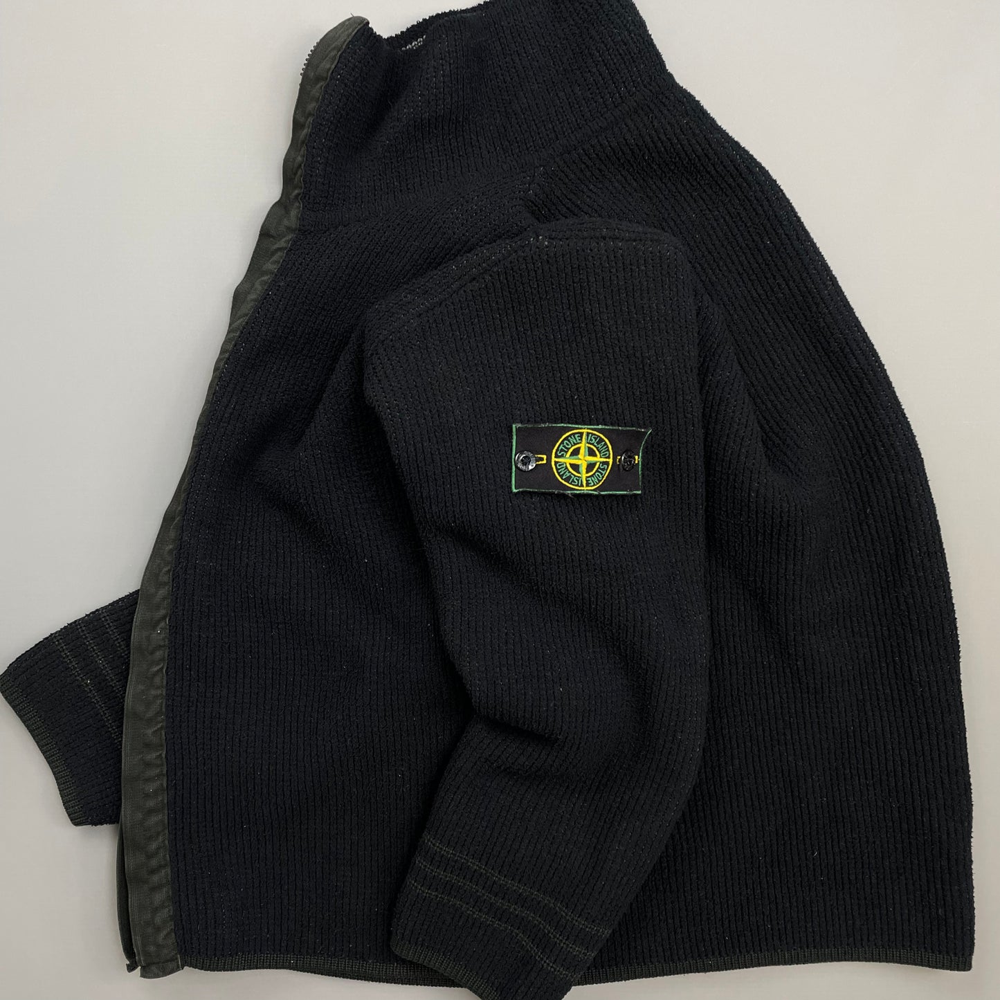 Stone Island Black/Grey AW98 Chenille Knit Zip-Through Green Edge Badge Cardigan Jacket