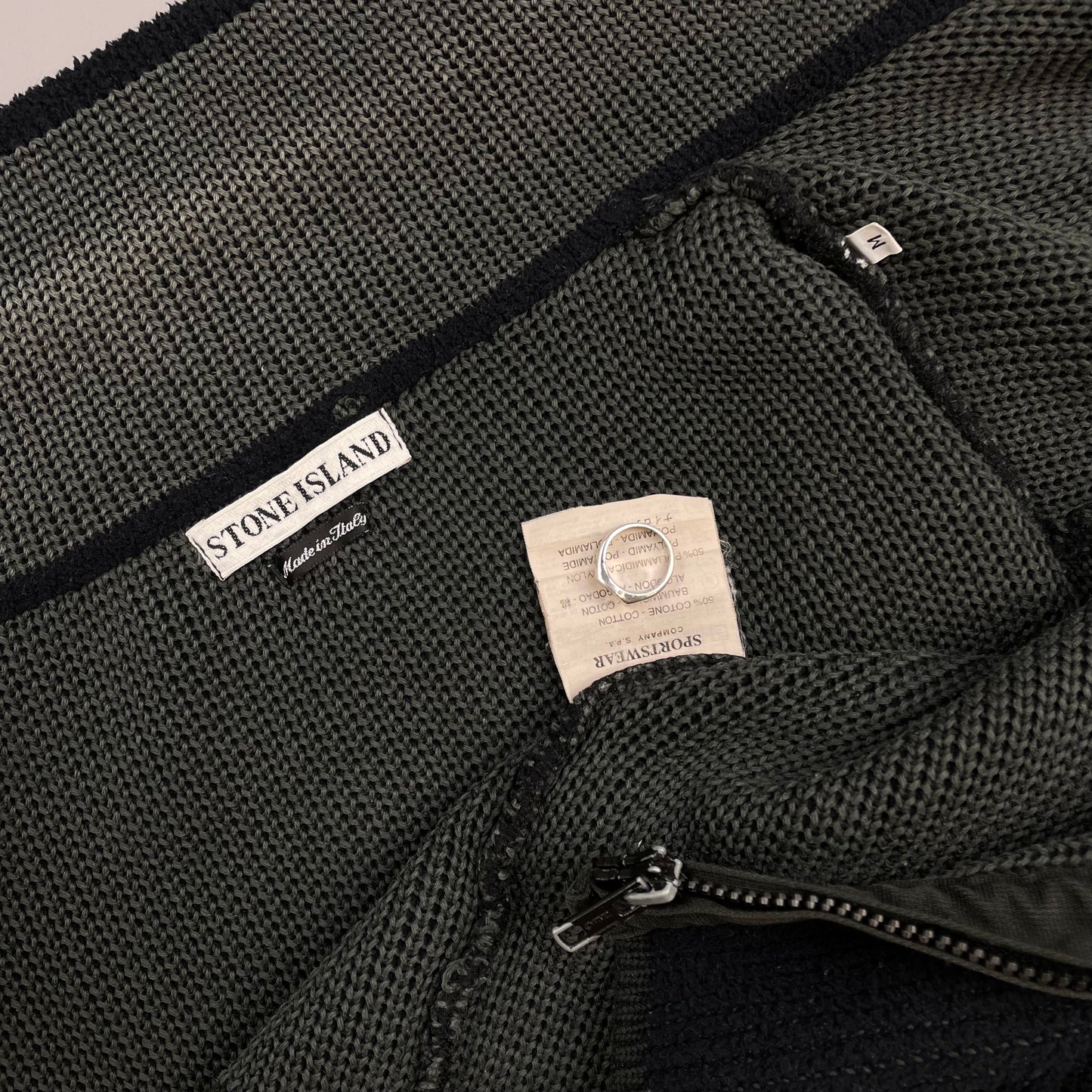 Stone Island Black/Grey AW98 Chenille Knit Zip-Through Green Edge Badge Cardigan Jacket