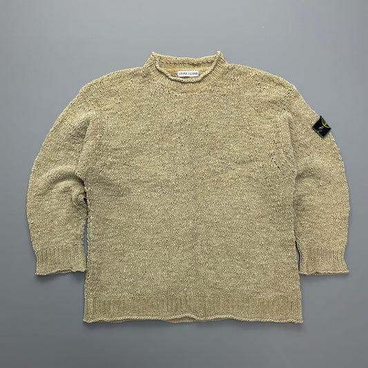 Stone Island AW94 Beige Chenille Knit Jumper w/ Green Edge Badge