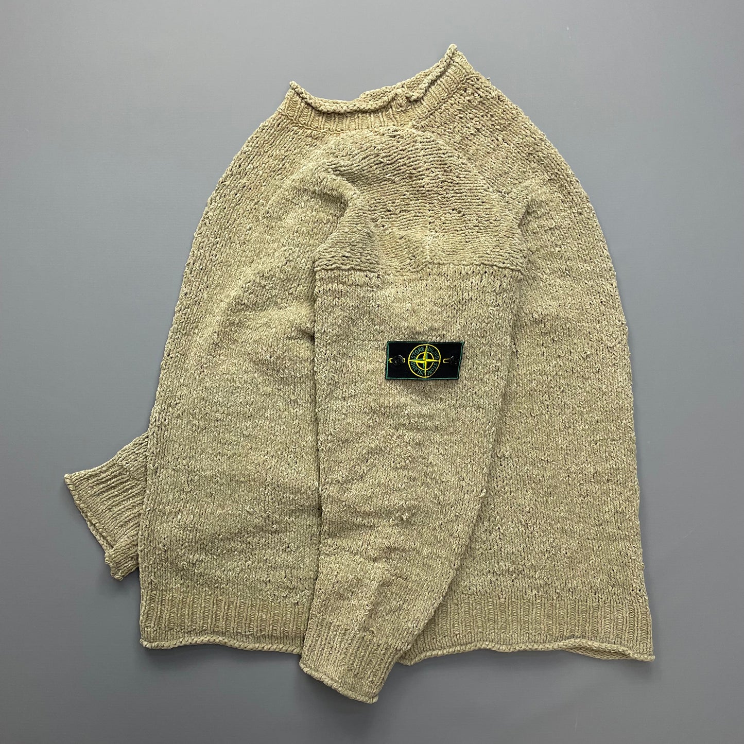 Stone Island AW94 Beige Chenille Knit Jumper w/ Green Edge Badge