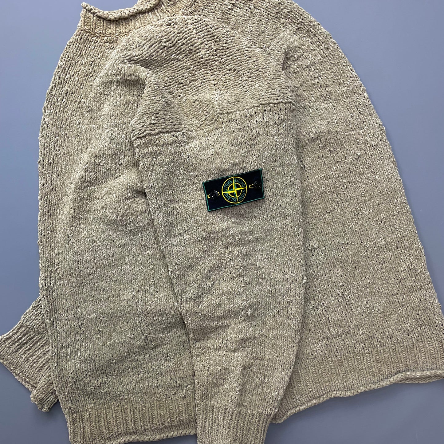 Stone Island AW94 Beige Chenille Knit Jumper w/ Green Edge Badge