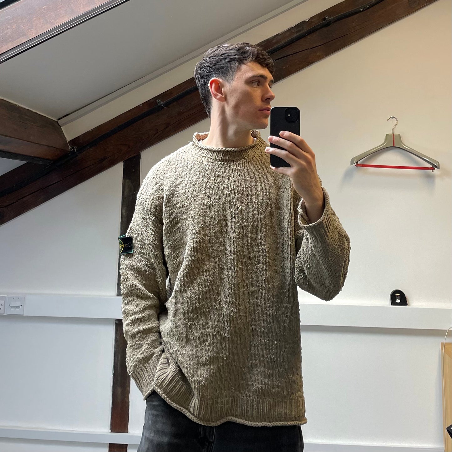 Stone Island AW94 Beige Chenille Knit Jumper w/ Green Edge Badge