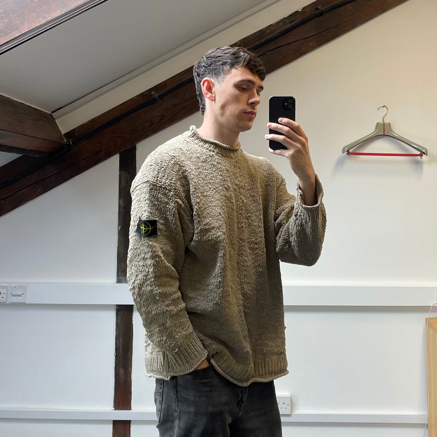 Stone Island AW94 Beige Chenille Knit Jumper w/ Green Edge Badge
