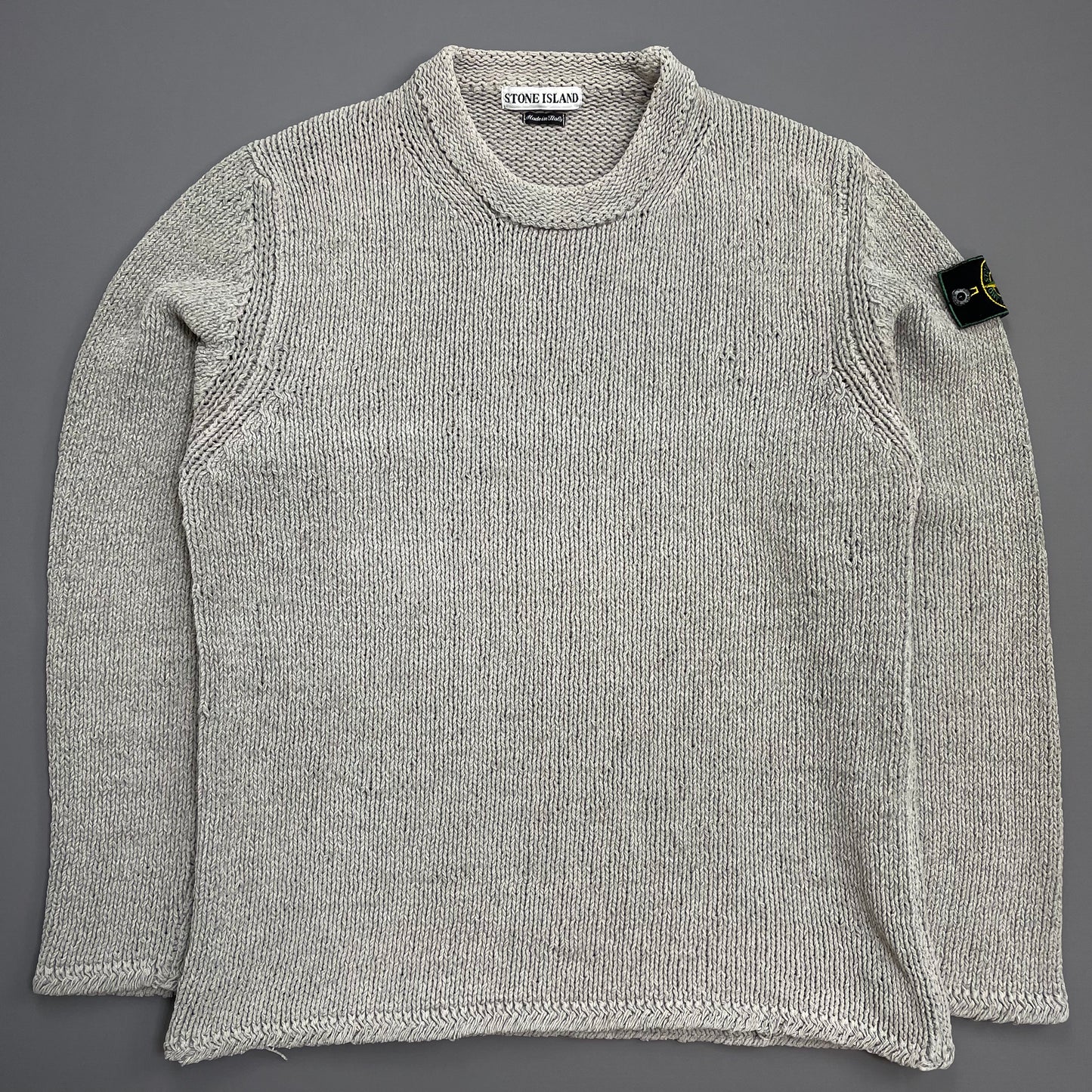 Stone Island Grey AW98 Chenille Crewneck Knit Green Edge Badge Jumper