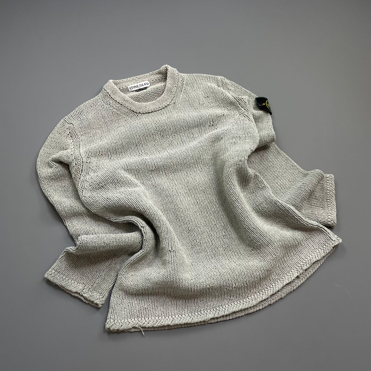 Stone Island Grey AW98 Chenille Crewneck Knit Green Edge Badge Jumper