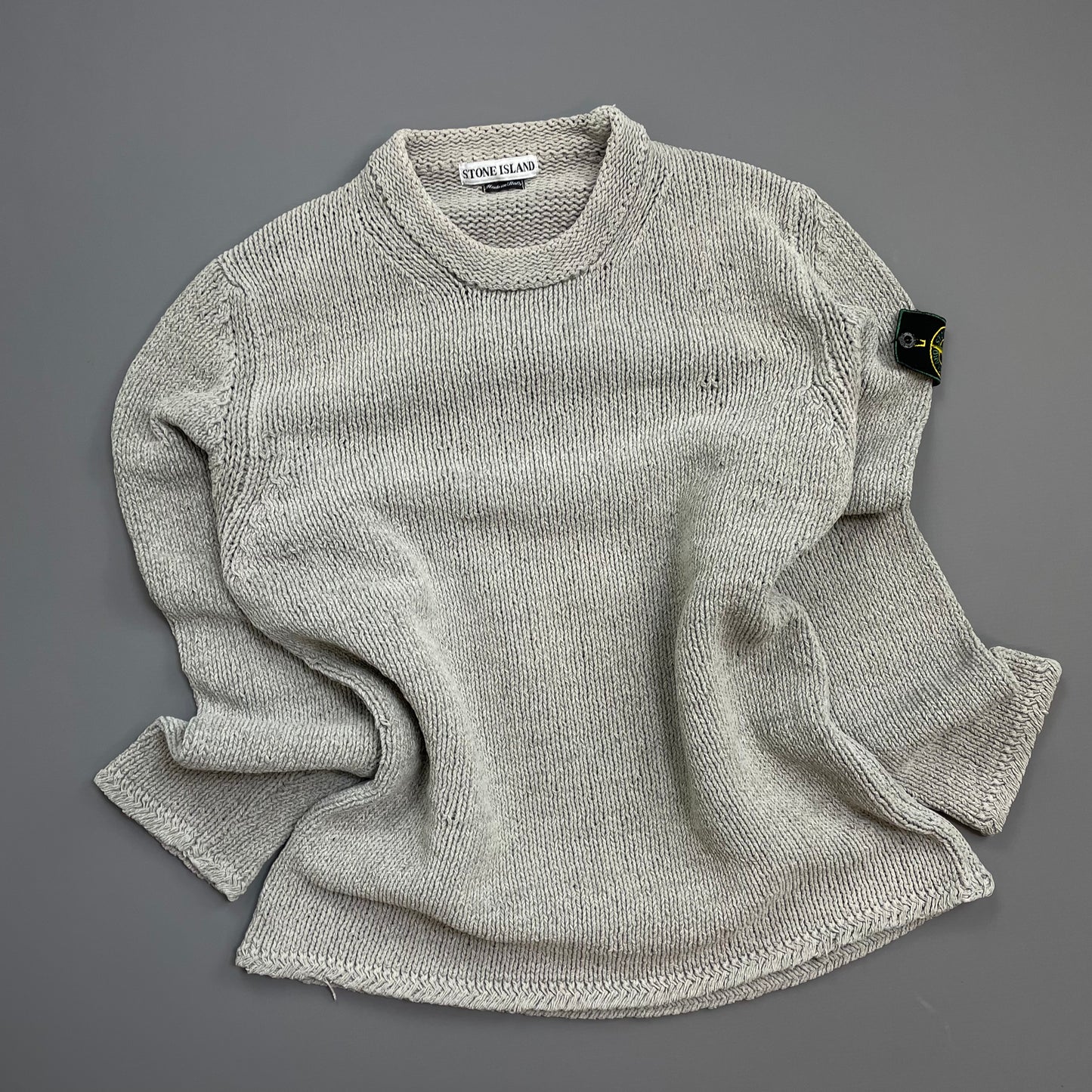 Stone Island Grey AW98 Chenille Crewneck Knit Green Edge Badge Jumper