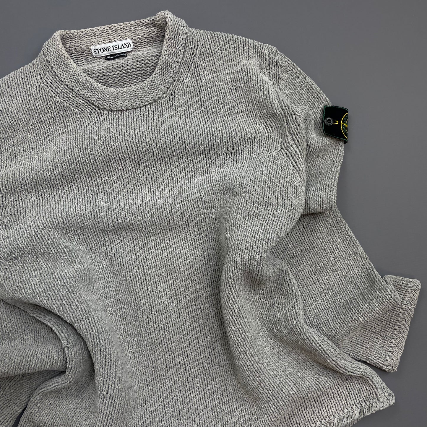 Stone Island Grey AW98 Chenille Crewneck Knit Green Edge Badge Jumper