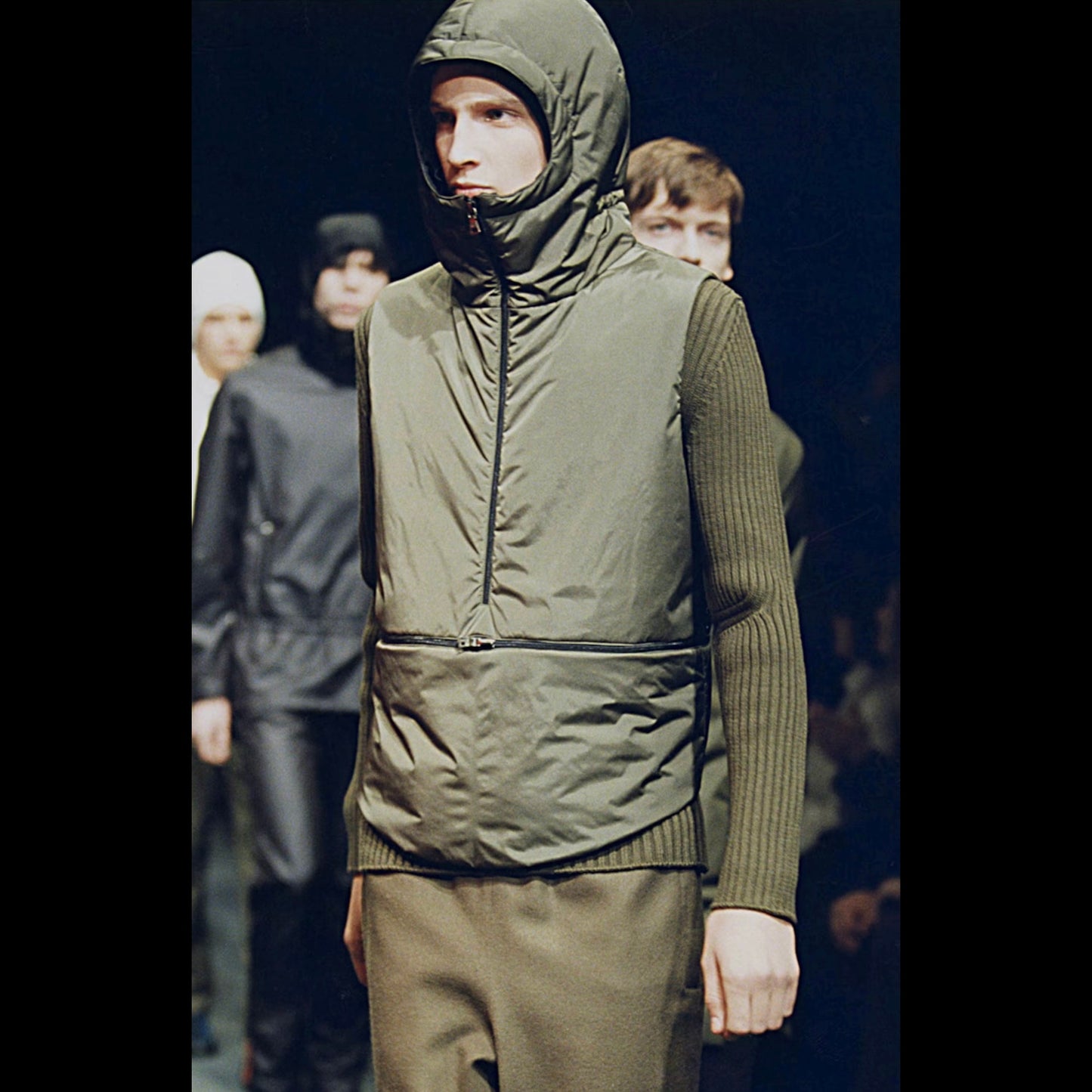 Prada Sport Khaki FW99 Runway Packable Nylon Hooded Gilet Vest